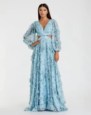 Mac Duggal Powder Blue Ruffle Tiered Floral Cutout Long Sleeve Gown SIZE 2 $398