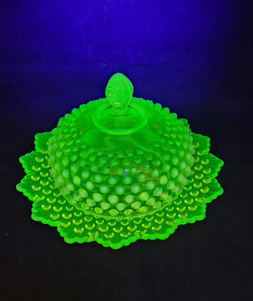 Fenton Vaseline Topaz Opalescent Hobnail Covered Butter Dish Prelogo Uranium - image 3 of 4