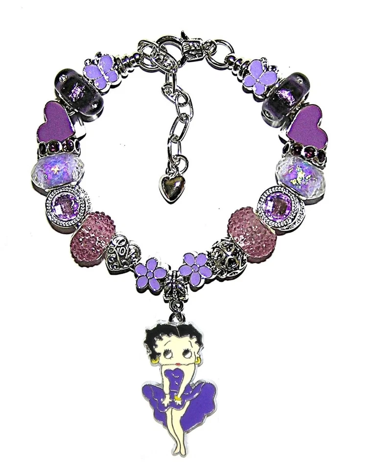 Браслет Betty Boop фиолетовое мерцание с европейскими бусинами и подвесками кристаллами, сердцами - Изображение 2 из 3