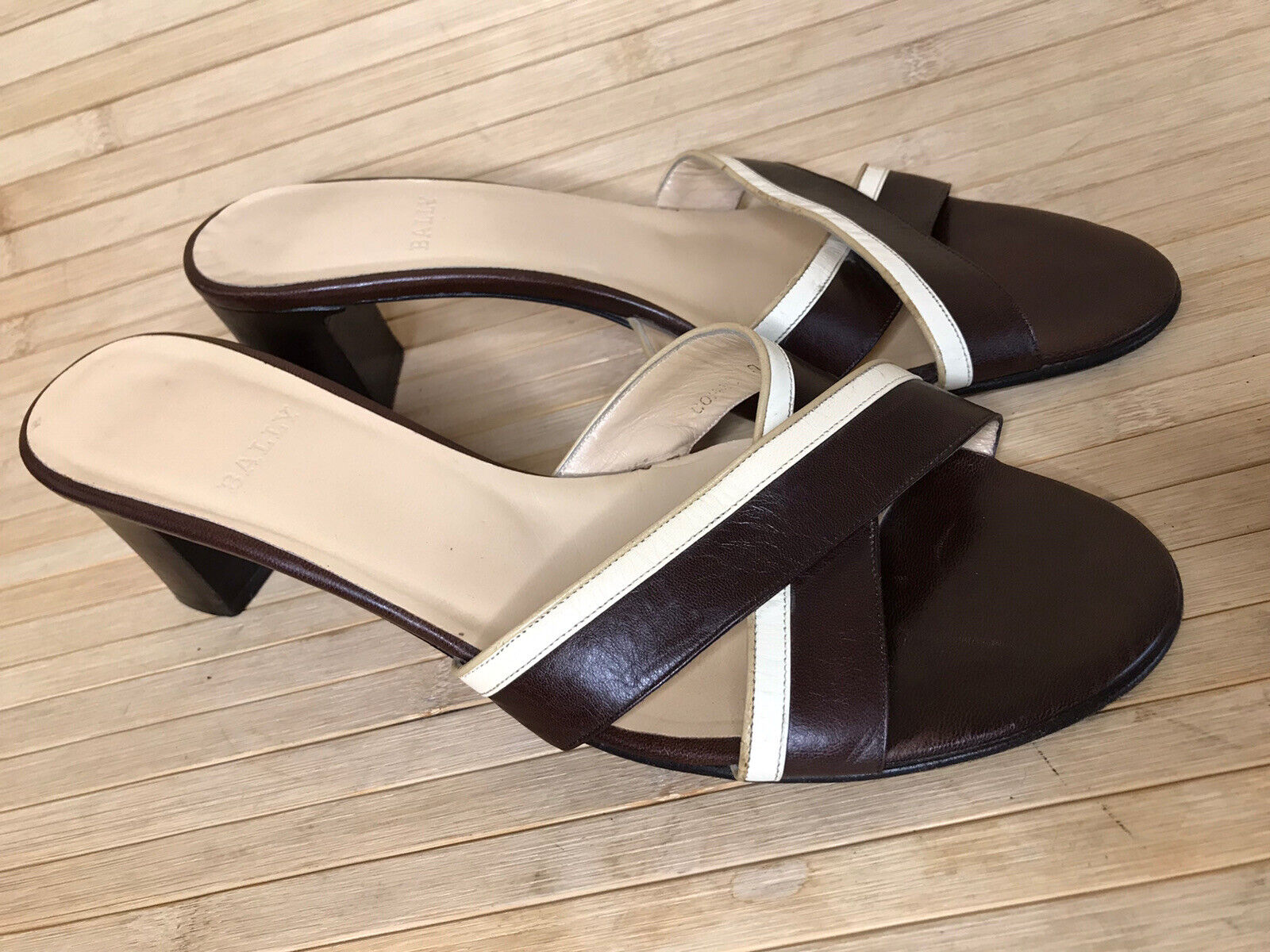 Bally Stacked Block Heels Slides brown Leather 10… - image 1