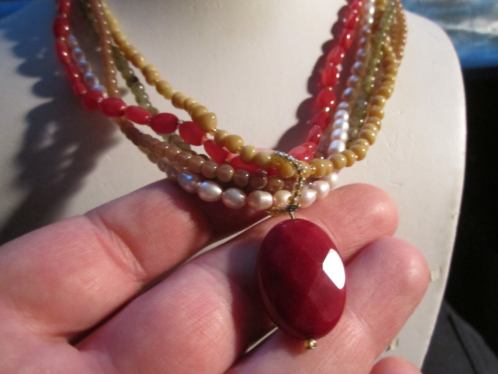 RUBY PEARL AND OTHER GEMSTONE BEADED NECKLACE 17"… - image 3