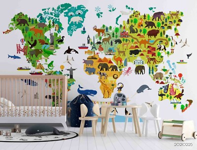 3D Animal World Map Wallpaper Wall Mural Removable Self-adhesive 94