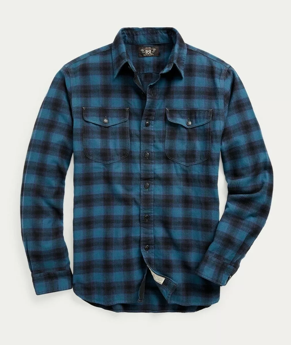 New RRL Ralph Lauren Brushed Plaid Twill Indigo Shirt Workshirt