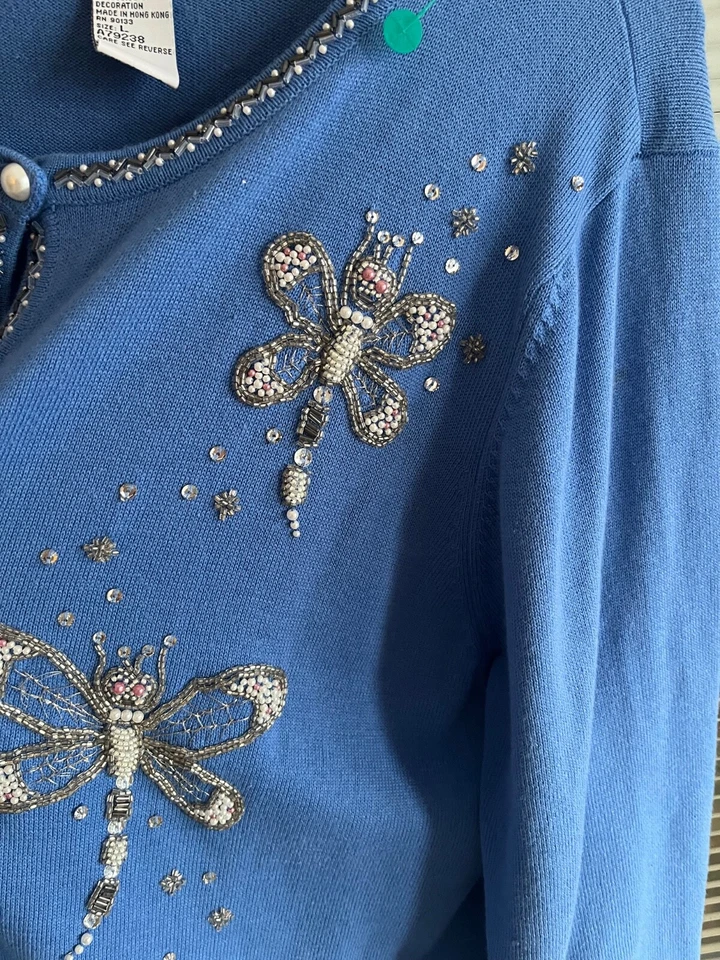 Cárdigan Bob Mackie Usable Azul Suéter Cuentas Libélulas Brillante Apenas Usado LG Foto 3 de 4