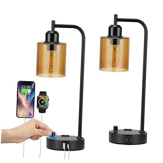 Industrial Bedside Lamps for Nightstand Set of 2 - Fully Dimmable Bedroom Amber