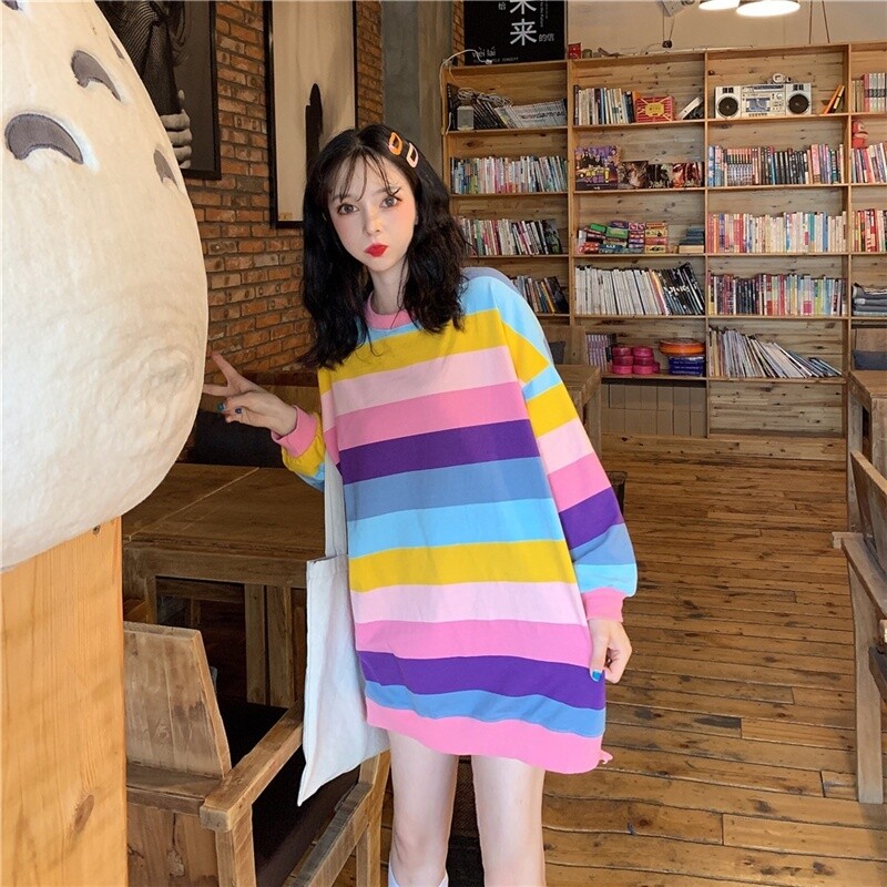 Lady Rainbow Striped Sweatshirt Top Pullover Loose Casual Oversized  Harajuku | eBay