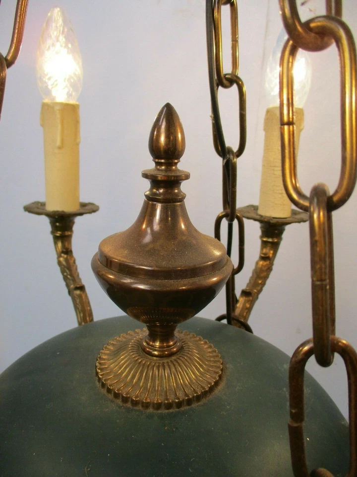 Hermosa araña Imperio Francés Tole verde latón 6 brazos Hollywood Regency  Foto 4 de 4