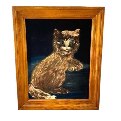 VTG Black Velvet Cat Painting Framed 17 X 21 Fluffy Long Hair Feline Portrait
