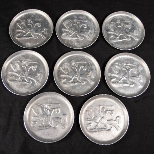Vintage 3" Aluminum Coasters Set of 8 with Embossed Knight Slaying Dragon - Picture 1 of 7