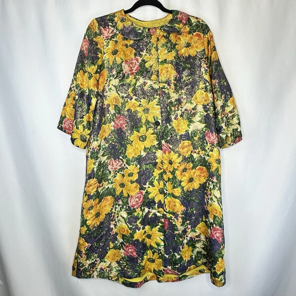 Abrigo de Chicago Vintage Mod Timely Fashions Amarillo Azul Floral Cuello de botón Chaqueta Foto 2 de 4