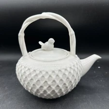 Grace’s Tea Ware Bird Teapot White Porcelain  Handle Basketweave Victorian