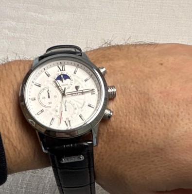 LIGE Men's Moon Phase Quartz Wristwatch Silver Dial Black Leather Strap