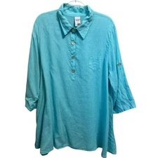 MATCHPOINT XL Tunic Top 100% Linen Aqua Blue Roll Tab Sleeves Lagenlook Coastal