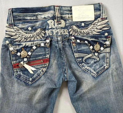 RED PEPPER Wing Embroidery Flare Jeans Y2K Low Rise Bootcut Denim Japan