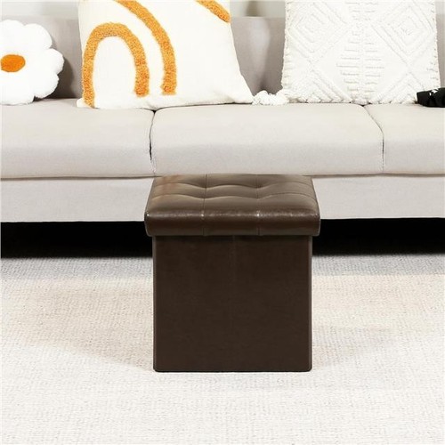 Folding Storage Ottoman Box Faux Leather with Lid & Padded Seat Brown - Picture 4 of 7