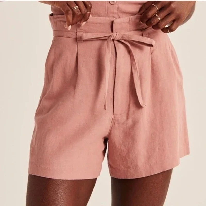 Abercrombie & Fitch Sz Large Pink High Rise Linen Blend Belted Front Shorts NWT