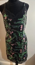 Soma Cool Nights Lace Trim Black Floral Slip Nightie Spaghetti Strap Women's L