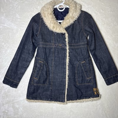 Vintage Roxy Denim Penny Lane Jean Jacket Girls Large Sherpa Pea Coat Y2K