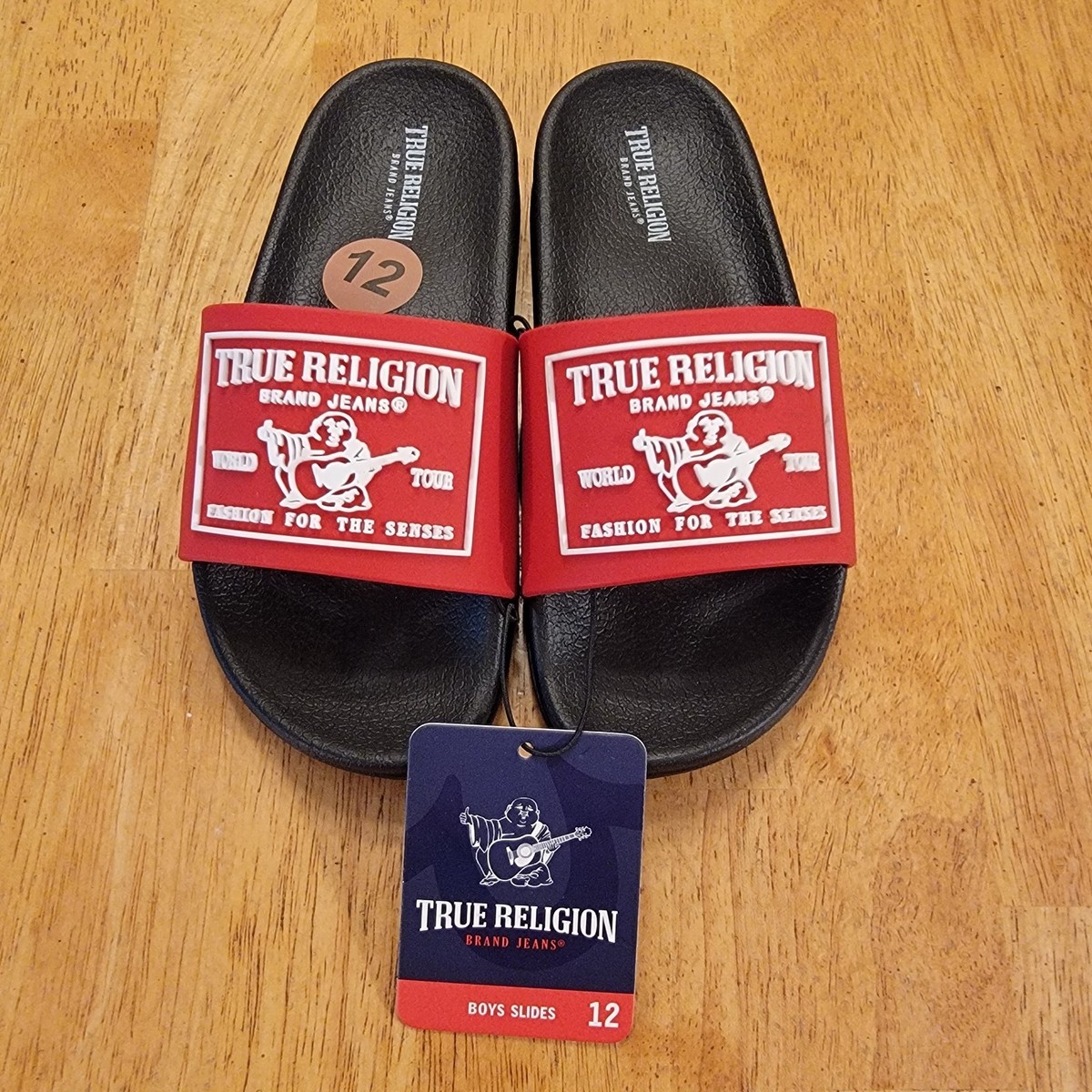 True Religion Kendrick Slides Boys Toddler Size 12 Buddha Logo Red Black  Sandals