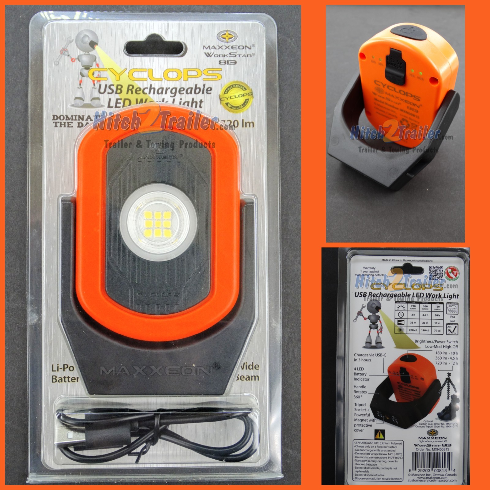 Maxxeon Work Star® MXN00813 Cyclops USB-C Rechargeable LED Work Light (Orange)