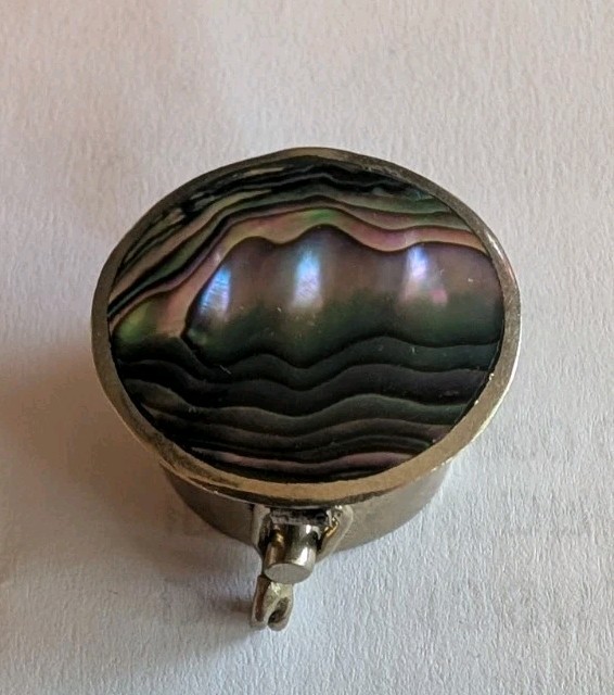 Vintage Silver Marked  Mexico Alpaca Tiny Mother of Pearl Mosaic Pill Container 