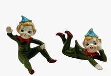 Pair 2 Norcrest Ceramic Pixie Girl Small Figurines Sitting Posing Green Blue Hat