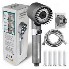 High-pressure shower head with bracket and hose, includes 5 spare filters.