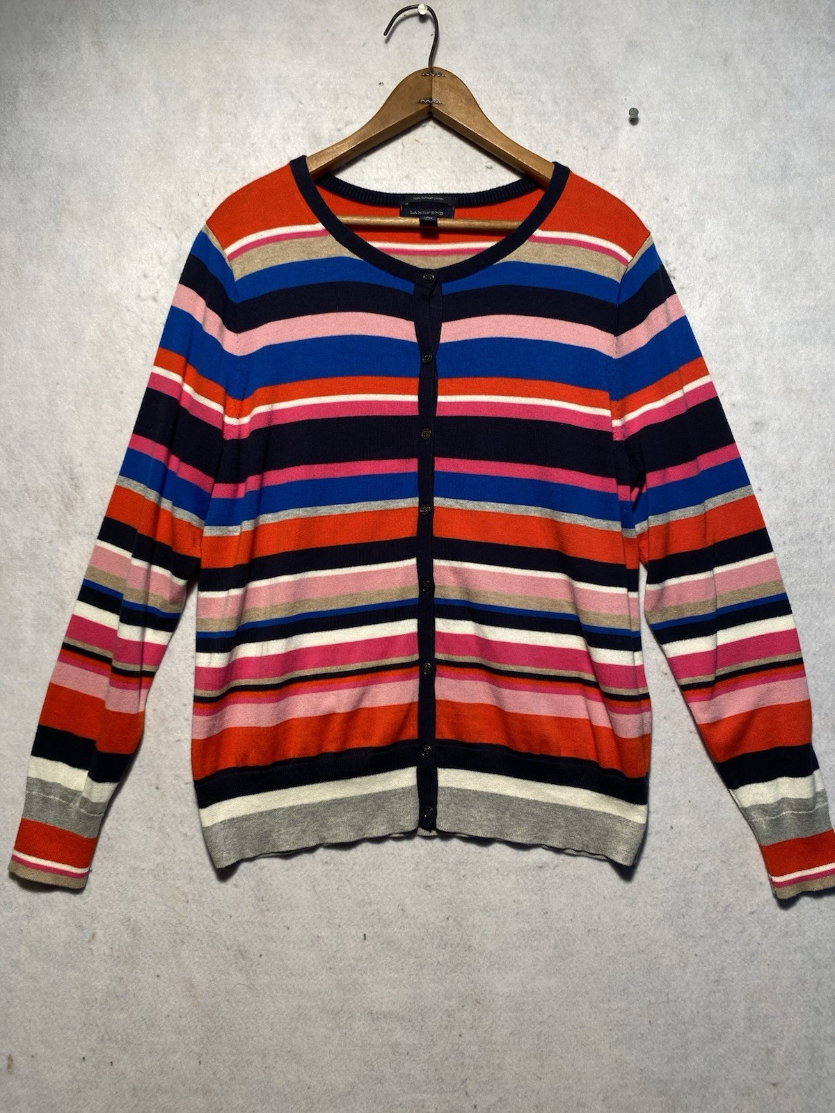 Lands End Women's Sz L Supima Cotton Multi Color Striped Cardigan Sweater Preppy