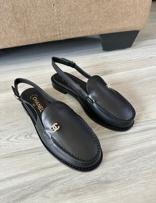 39EU 9US CHANEL Black Leather Slingback Women s Loafer Flats with Receipt 