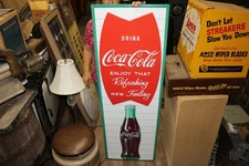 Large Drink Coca Cola 1960's Fishtail Logo Soda Pop 54" Embossed Metal Sign NICE