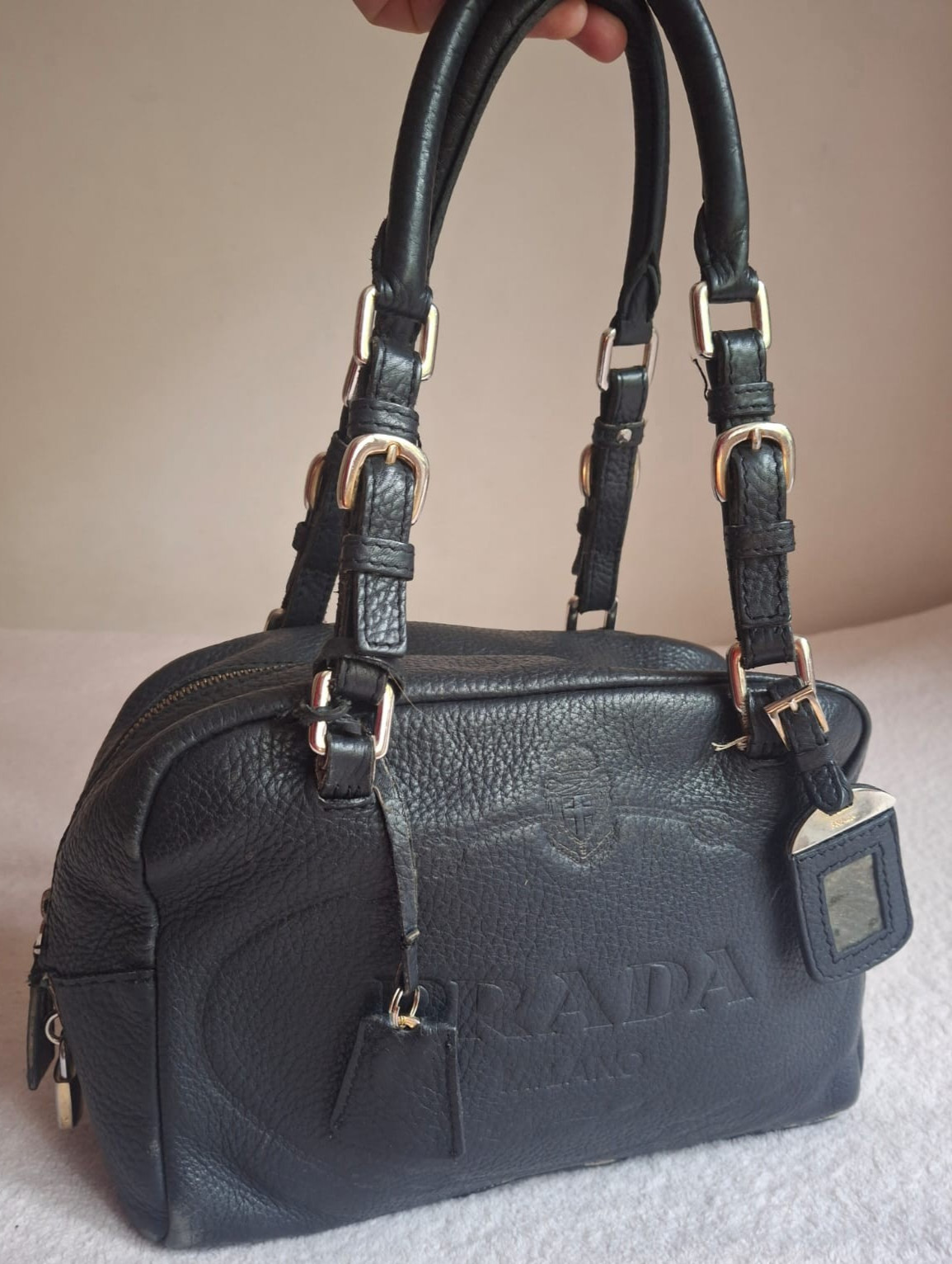 Prada VTG Black pebbled Vitello Daino Embossed Leather Large Satchel Bag Italy