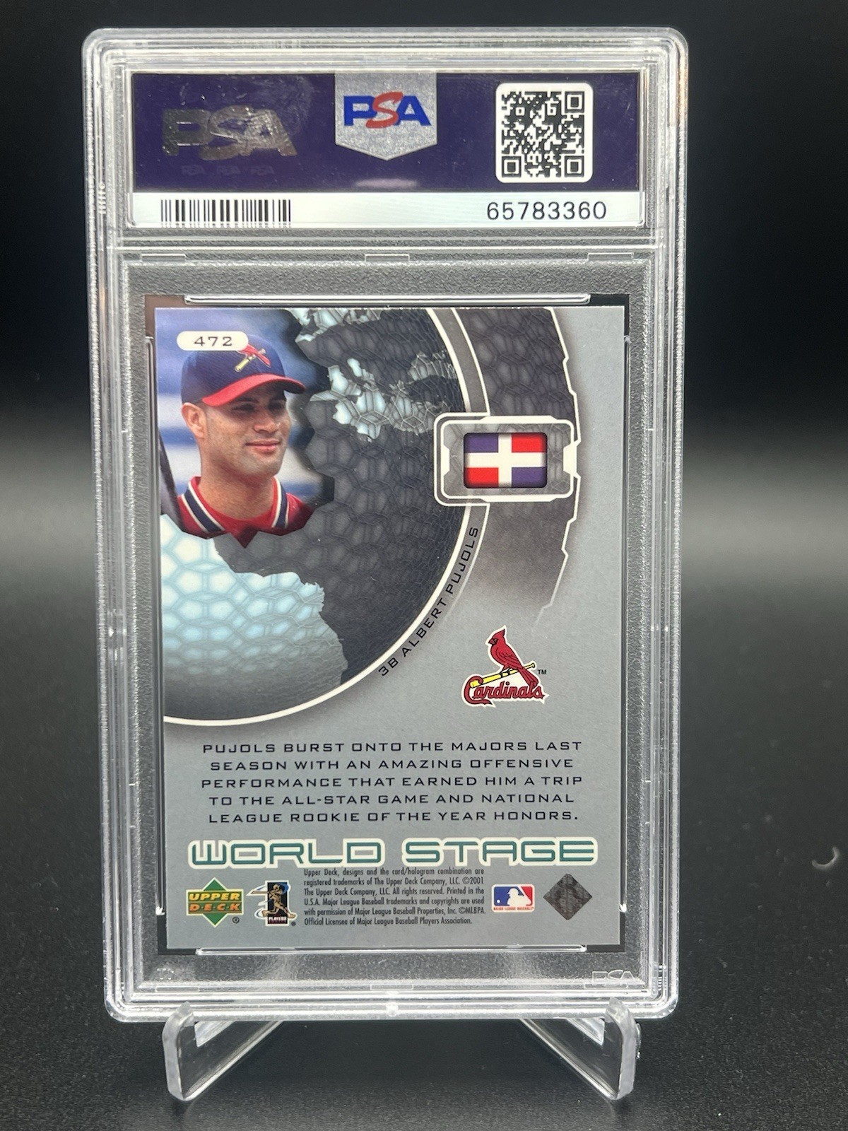 2002 Upper Deck Albert Pujols PSA 10 Gem Mint #472 HOF World Stage Cards POP 22 view 3