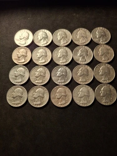 20 Washington silver quarters.$5 face value.50s@60s.good condition.90%silver.