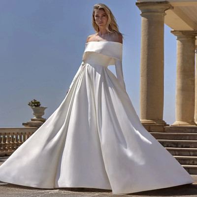 Elegant Off Shoulder Satin Wedding Dresses Bride A-Line Bride Gown with Pockets