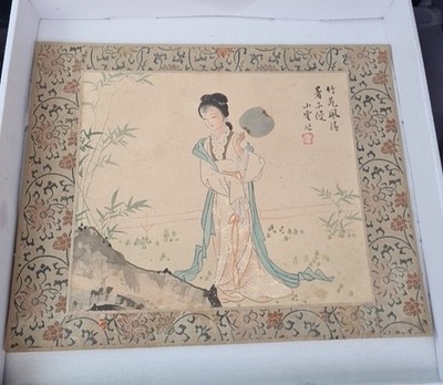 Vintage handbemalte chinesische Figur Malerei - Dame & Fächer - 9x12'' Made in China 