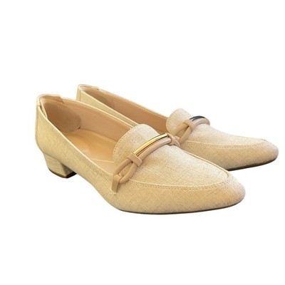 Classic Preppy Easy Spirit Womens 7.5 Beige Linen Pointed Toe Block Heel Loafers