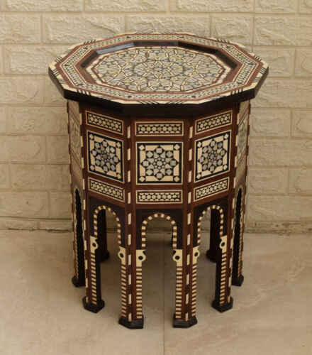 Mesa auxiliar marroquí de madera 21" H, madre perla * mesa de centro con extremo de madera de hueso - Imagen 1 de 12