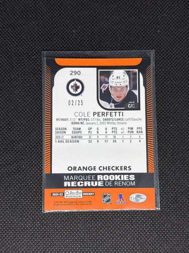 2021-22 O-Pee-Chee Platinum Orange Checkers #290 Cole Perfetti RC /25 - Picture 2 of 2