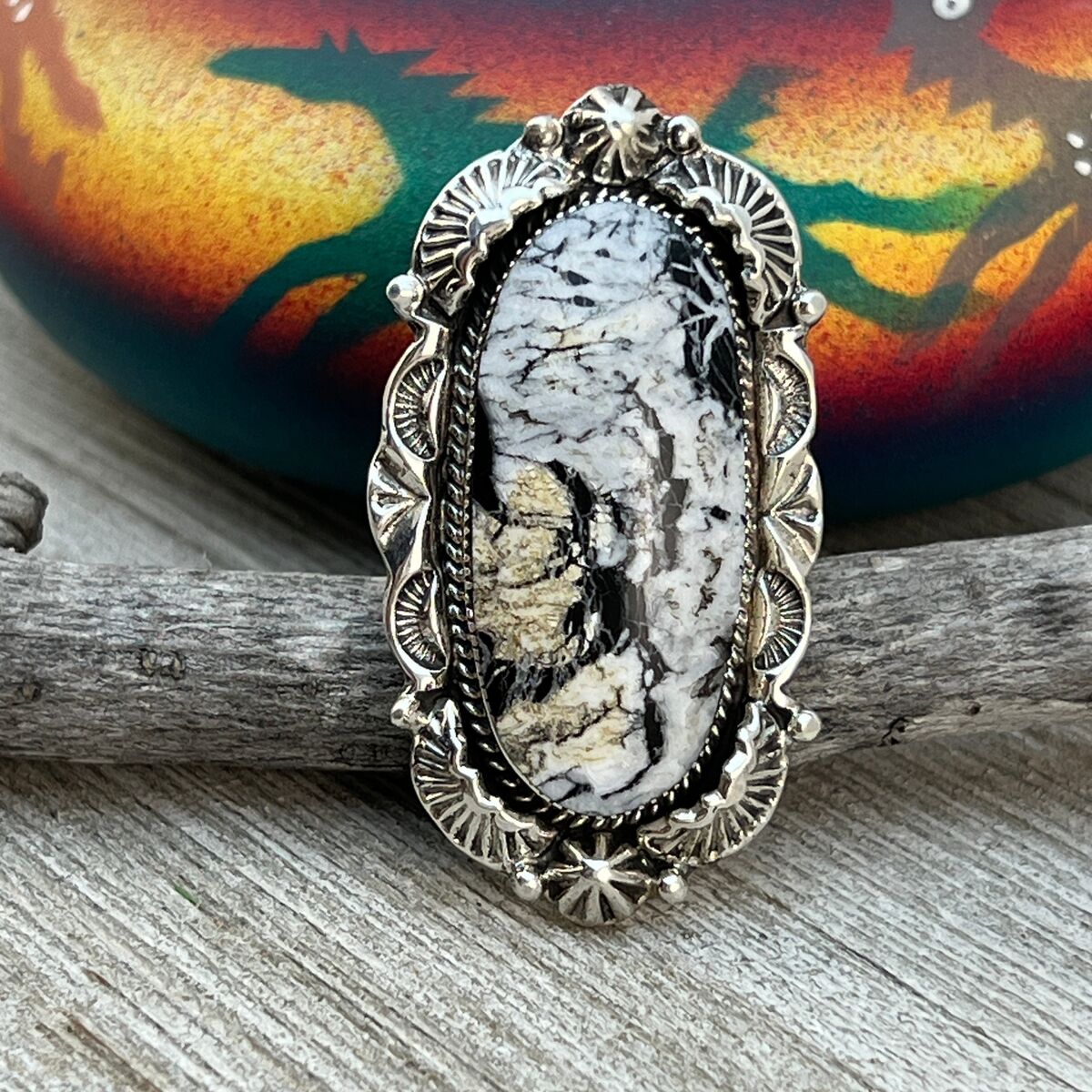 Heavy Mens Native American Navajo White Buffalo Turquoise Inlay Sterling Silver Ring Heavy Mens Native American Navajo White Buffalo Turquoise Inlay Sterling Silver Ring