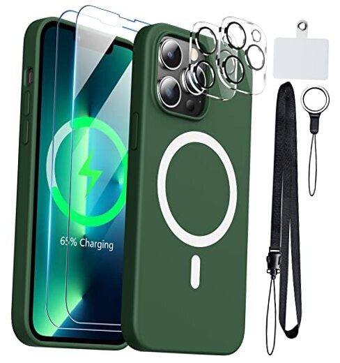 [6-in-1]Silicone for iPhone 13 Pro Phone Case,[Magsafe Grass Green