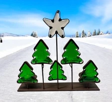3D Stained Glass & Metal Christmas Tree & Star Candle Holder Decor Large Heavy 