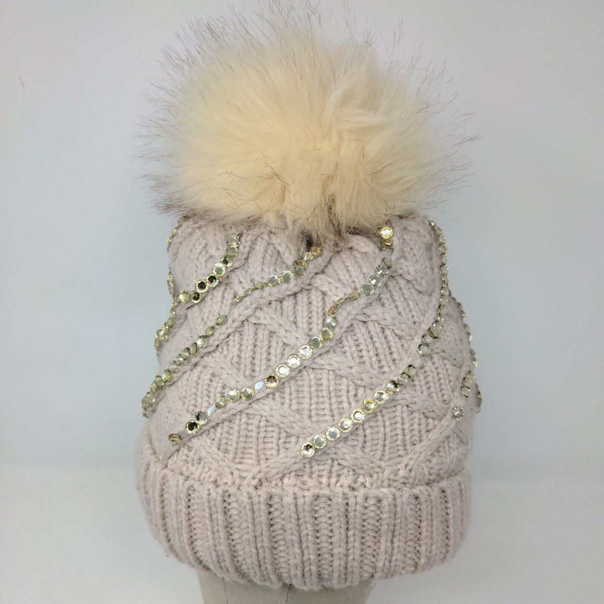Faux Fur Pom Beanie with Crystal and Pearl Studs, Adult Beanie Hat Crystal Sunglass Pom Hat – Gorsuch main image 3