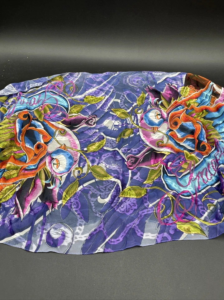 "Bufanda vintage Christian Audigier 70""x19"" 100 % seda esqueleto mano pájaro púrpura difícil de encontrar" Foto 3 de 4