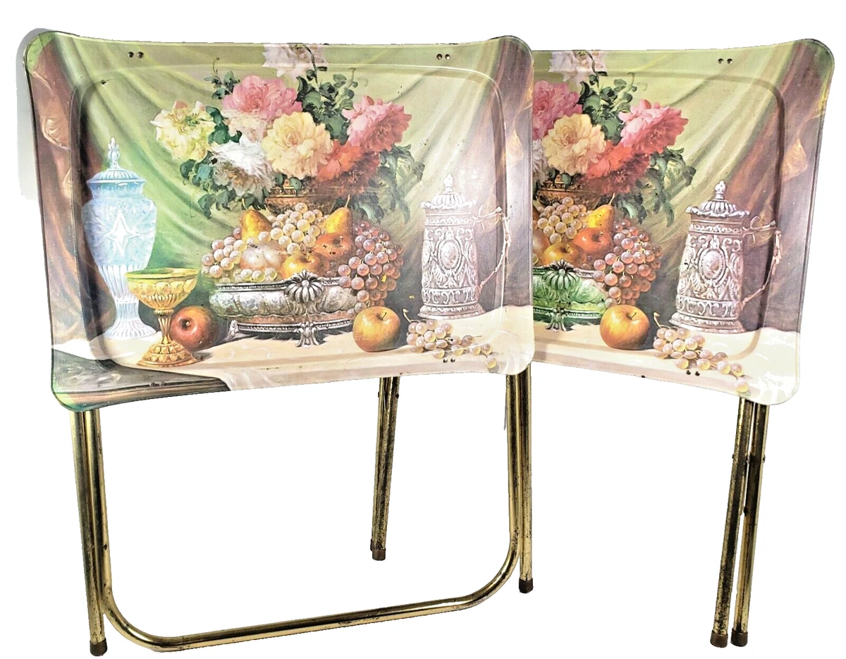 2 Folding Metal TV Trays Stands Vintage Floral Fruit Crystal MCM Retro 1950s