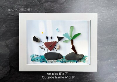 NEW 5  x 7  Framed Handmade Sea Ocean Beach Glass Pebbles, Ceramic Crab Driftwoo