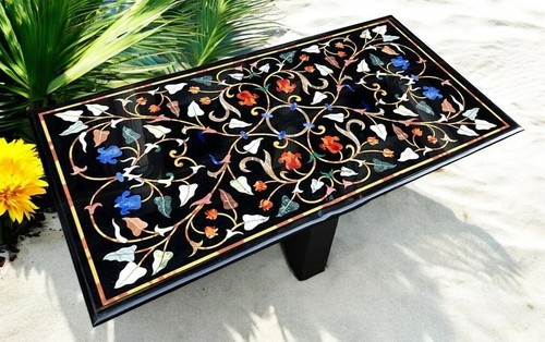 marble inlay dining Black Top black Marble Center Table Top Semi Precious Stone
