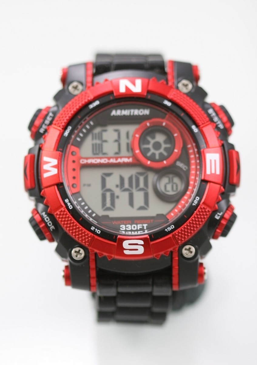 Reloj Hombre Armitron Rojo Negro Plástico 100m 24hr Alarma Fecha Cron Luz  Cuarzo