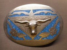 Longhorn Bull Steer Head Turquoise Inlay Belt Buckle Made in Mexico