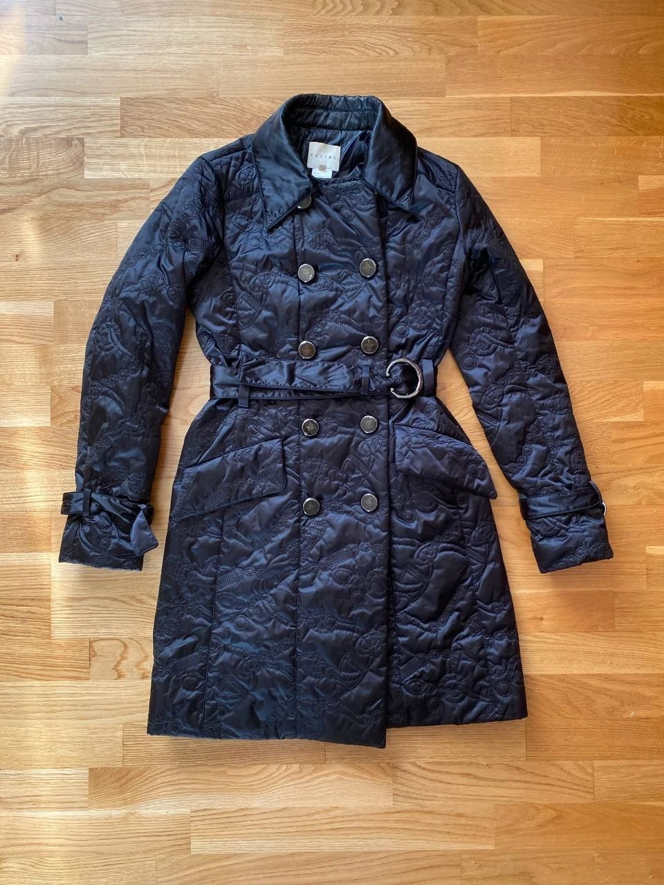 Celine — CELINE Black Quilted Triomphe Logo Trench Coat Jacket Belted Vintage Size 38