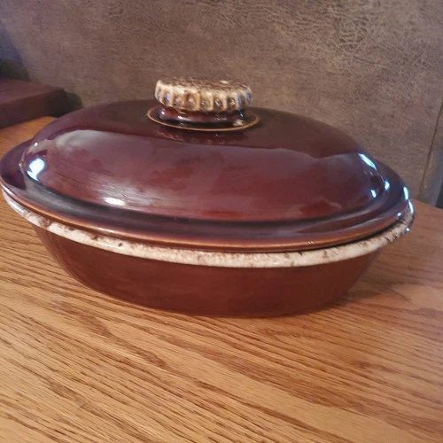 Vintage HP HULL Brown Drip Glaze Oval Casserole Dish W/Lid Oven Proof USA 10x7x2
